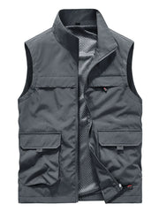 Grey utility vest with stand collar, zip front, and four cargo pockets.