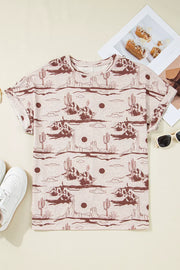 Desert Sand Print Short Sleeve Knit Top in Dust Storm, close-up detail