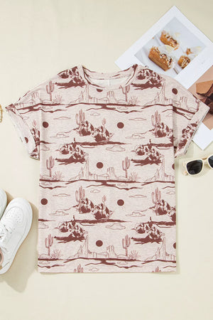 Desert Sand Print Short Sleeve Knit Top in Dust Storm, close-up detail