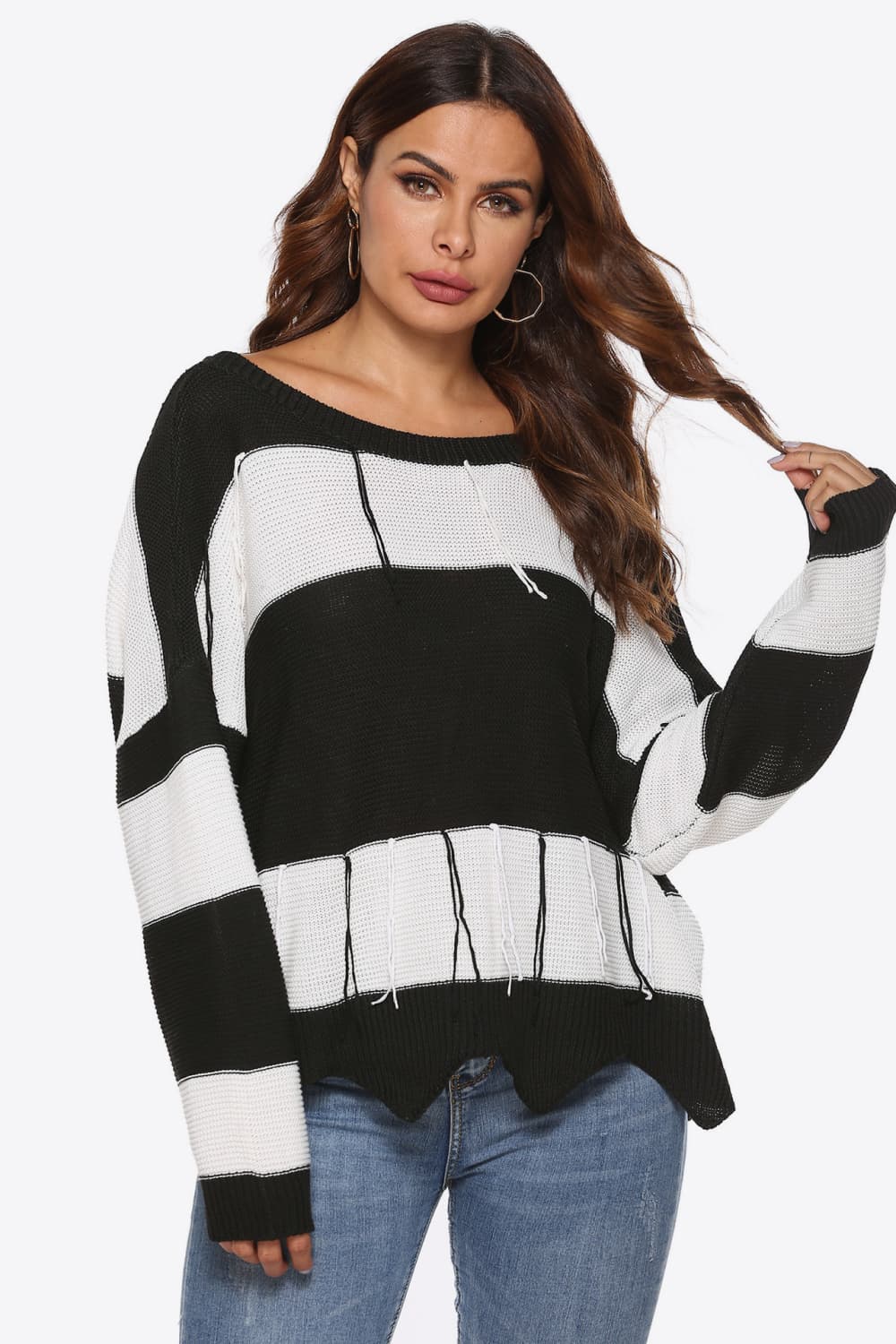 Open-back stripe knit sweater with frayed hem and boat neck