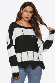 Open-back stripe knit sweater with frayed hem and boat neck