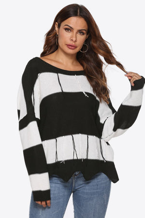 Open-back stripe knit sweater with frayed hem and boat neck