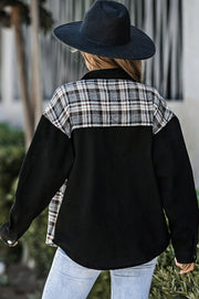 Plaid panel denim shirt jacket in black with a plaid yoke and sleeves.