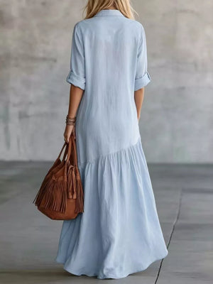 Button Front Roll-up Sleeve Maxi Dress Plus Size in Burgundy, side view