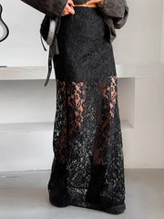 Black lace maxi skirt with sheer detail and a scalloped hem.