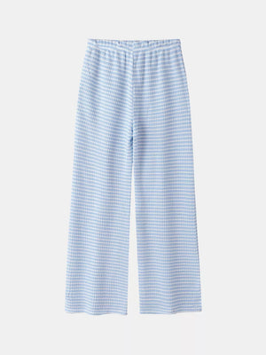 Blue striped maternity wide leg trousers with elastic waistband