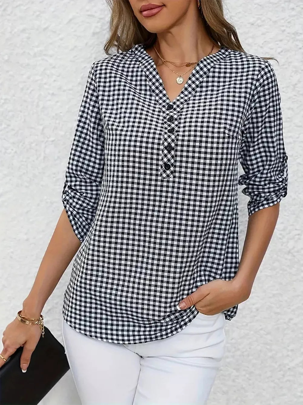 Gingham Button Detail Blouse in Black, model styling view