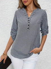 Gingham Button Detail Blouse in Black, model styling view