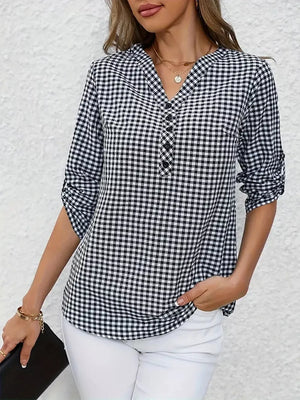 Gingham Button Detail Blouse in Black, model styling view