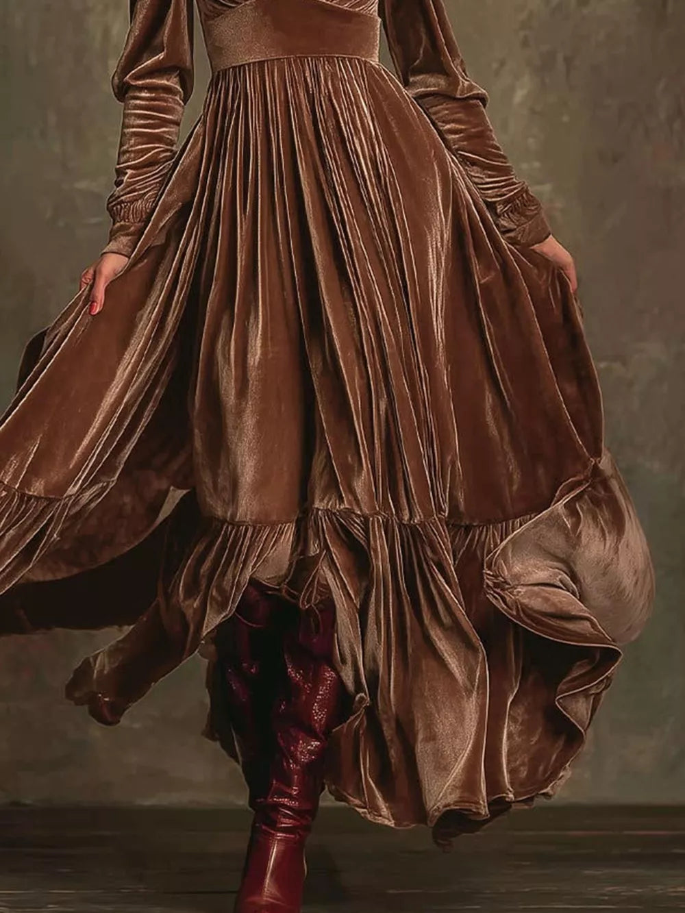 Dark brown velvet maxi dress with voluminous sleeves and ruffled hem