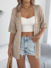 Tan open-knit short sleeve duster cardigan with diamond pattern detail