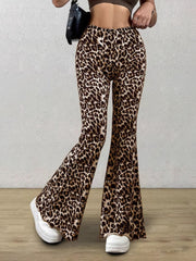Leopard print bell bottom pants with a flared leg and comfortable fit.