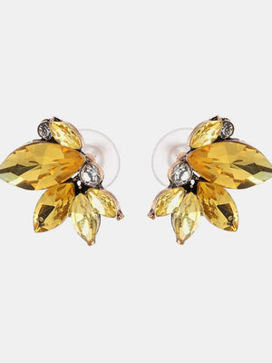 Gemstone petal cluster stud earrings in antique gold with yellow and clear crystals.