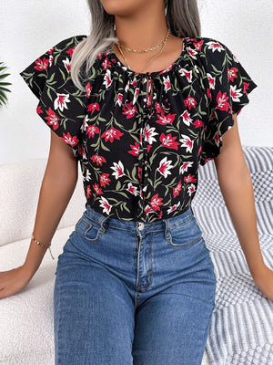 Black floral ruffle sleeve tie-neck blouse