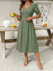 Sage button-down midi dress with tie sleeves and wooden buttons