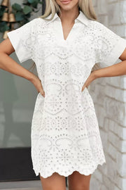 White eyelet embroidered cotton mini dress with short sleeves and a collared V-neck.