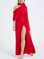 Red asymmetrical maxi dress with high slit and draped chiffon detail
