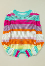 Rainbow crochet sweater with openwork knit and striped pattern in acrylic.