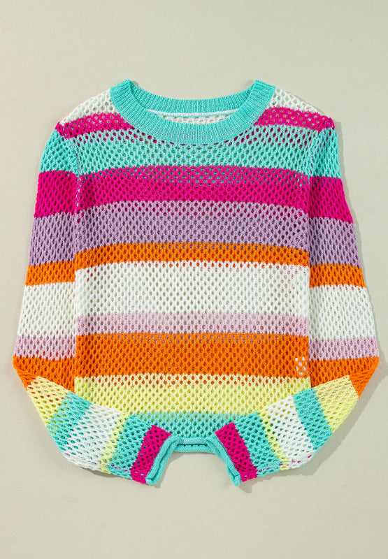 Rainbow crochet sweater with openwork knit and striped pattern in acrylic.