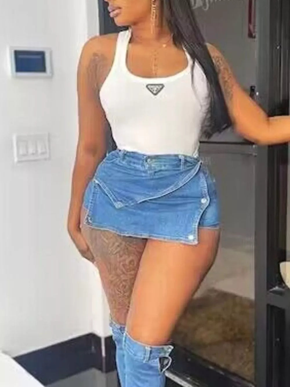 Asymmetrical Wrap Denim Skort in Medium, close-up detail