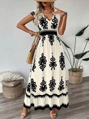 Ruffled Printed V-neck Maxi Dress in Dark Navy, front view