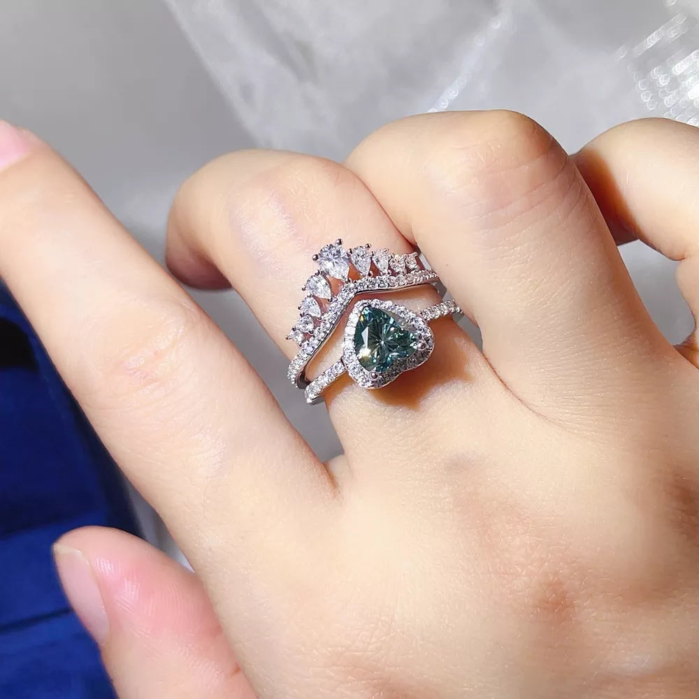 2 Carat Heart-shaped Crown 925 Sterling Moissanite Ring Set in Turquoise, front view