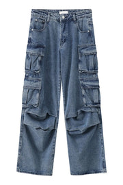Baggy denim cargo pants in medium wash with multiple pleated pockets and a relaxed fit.