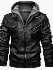 Men's black faux leather moto jacket with grey hoodie, zippered pockets, and buttoned chest pockets.