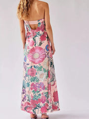 Maxi dress in pink floral print with gathered bodice and open back detail