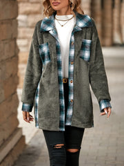 Teddy shacket with plaid accents in dark gray, green, and white, featuring button closure and chest pockets.