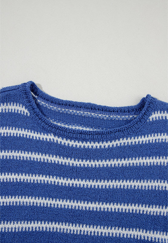 Blue striped knit sweater with a crew neck and textured fabric.