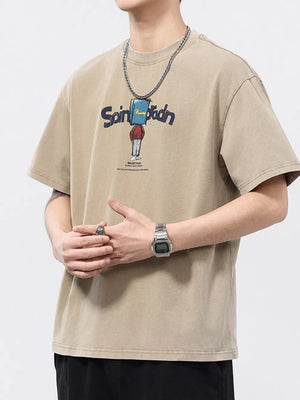 Khaki cotton graphic print relaxed fit men's t-shirt with blue text and illustration.
