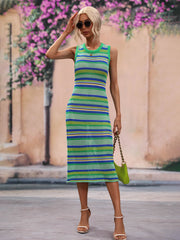 Striped knit sleeveless midi dress in green and blue with a round neck.