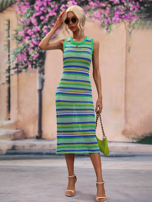 Striped knit sleeveless midi dress in green and blue with a round neck.