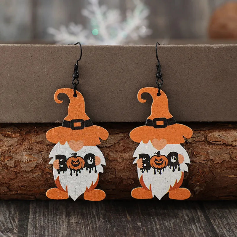 Orange gnome Halloween earrings with boo pumpkin design, wood material