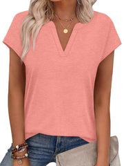 Pink heathered short-sleeve t-shirt with notched V-neck.