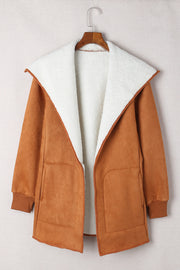Caramel suede-effect jacket with sherpa collar and cuffs, open front, two patch pockets.