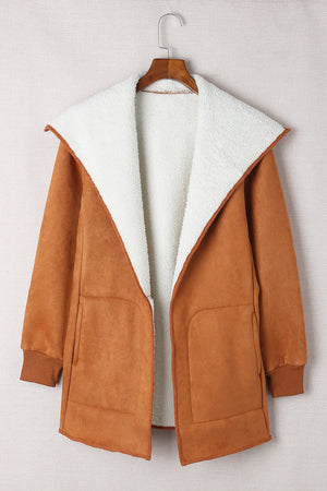 Caramel suede-effect jacket with sherpa collar and cuffs, open front, two patch pockets.