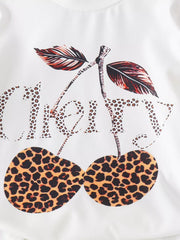 Children's Cherry Leopard Tee And Flare Pants Set in White, close-up detail