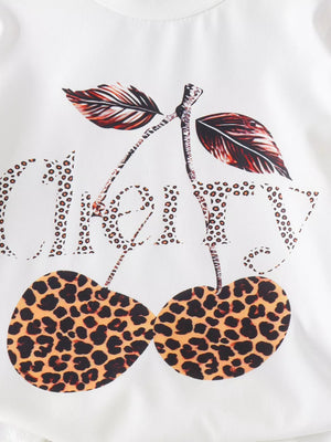 Children's Cherry Leopard Tee And Flare Pants Set in White, close-up detail