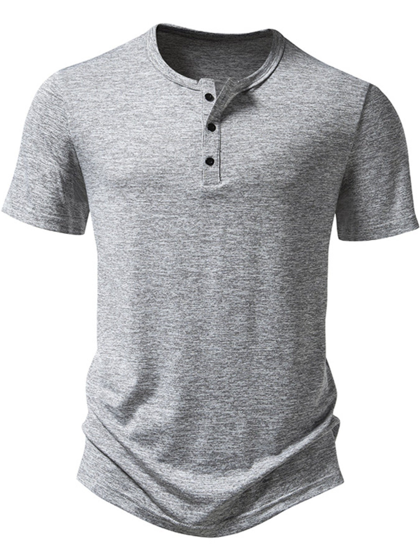 Men's light gray mélange cotton short sleeve slim fit henley tee with curved hem