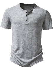 Men's light gray mélange cotton short sleeve slim fit henley tee with curved hem