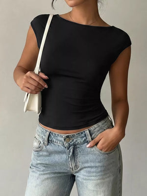 Black cap-sleeve maternity t-shirt with lace trim and boat neck.