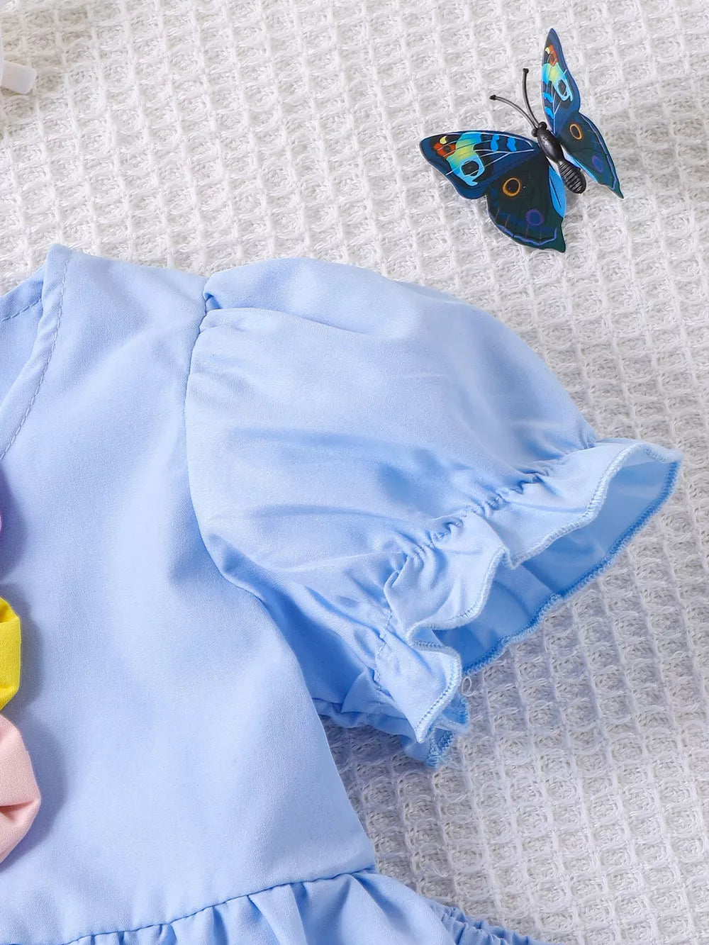 Children's Bow Puff Sleeve Top And Shorts Set in Blue, back view