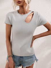 Light Gray knit t-shirt with short sleeves and a chic cutout detail on the neckline.