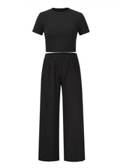 Black pleated waist crop top and wide leg pants set