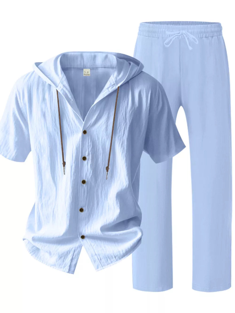 Sky blue linen blend hooded top and pants ensemble with drawstring waist.