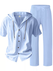 Sky blue linen blend hooded top and pants ensemble with drawstring waist.