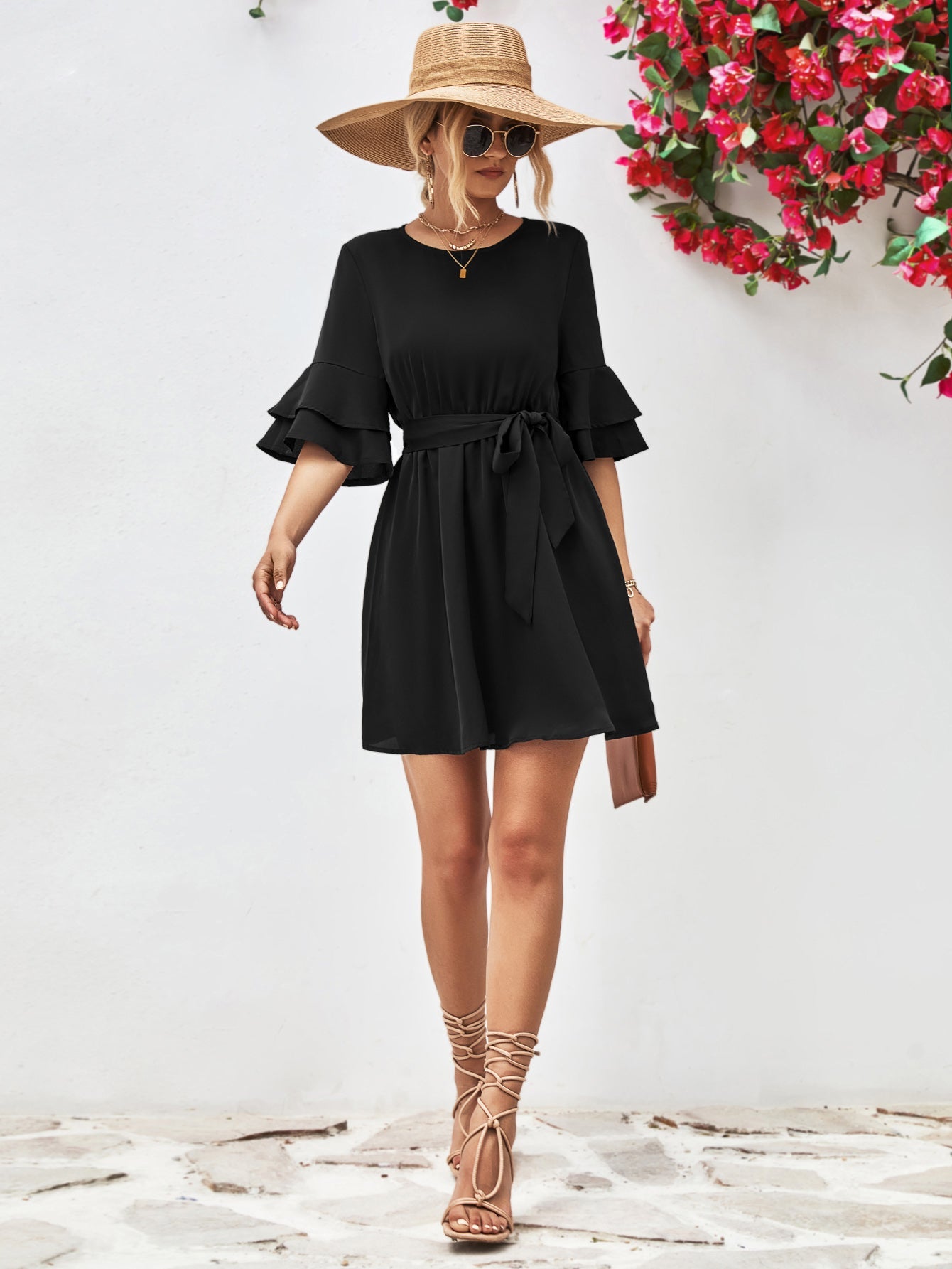 Black tiered sleeve tie-waist mini dress with a belted A-line cut.