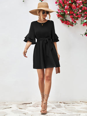 Black tiered sleeve tie-waist mini dress with a belted A-line cut.
